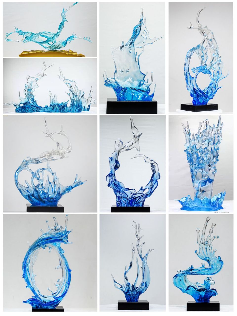 【蓝色水花】拥有生命力的摆件 蓝色透明树脂水花雕塑摆件,以其精美的