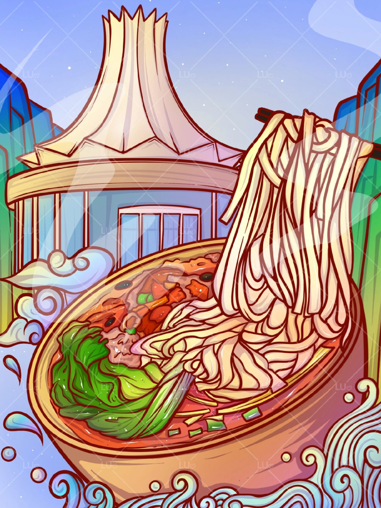 手绘国潮插画!老友粉