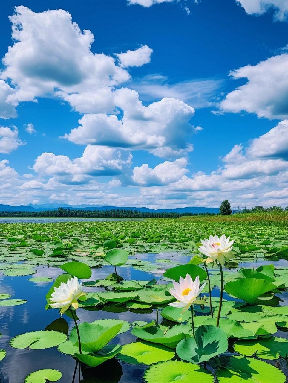 在美丽的荷花之地,一天很长,荷叶漂浮在湖面上,在阳光下绽放,在蓝天