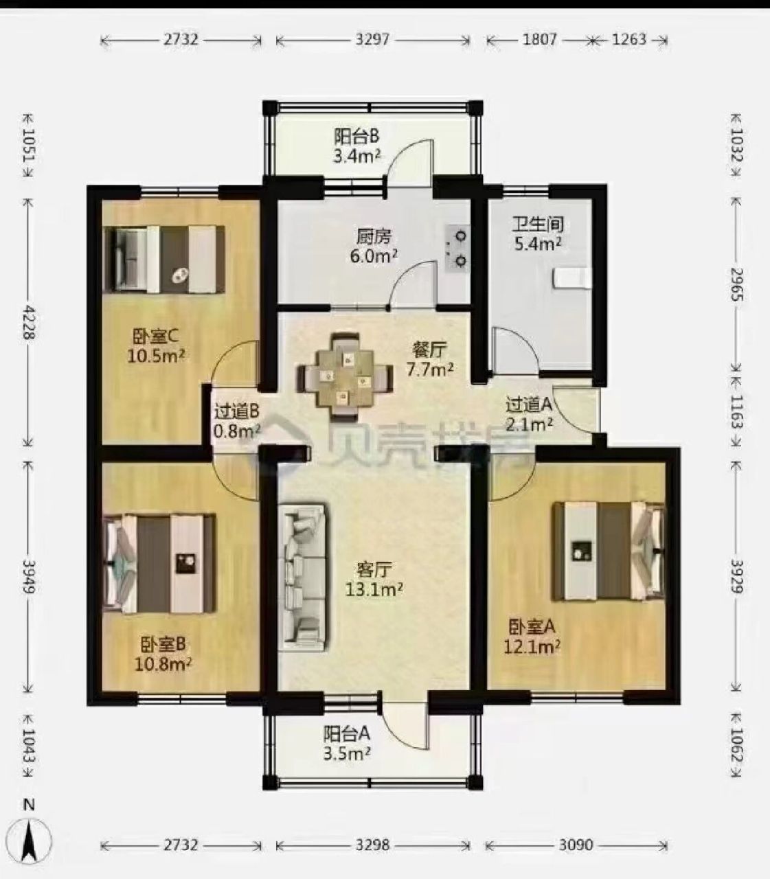 亢山前路,3居三阳开泰户型,93.12平米