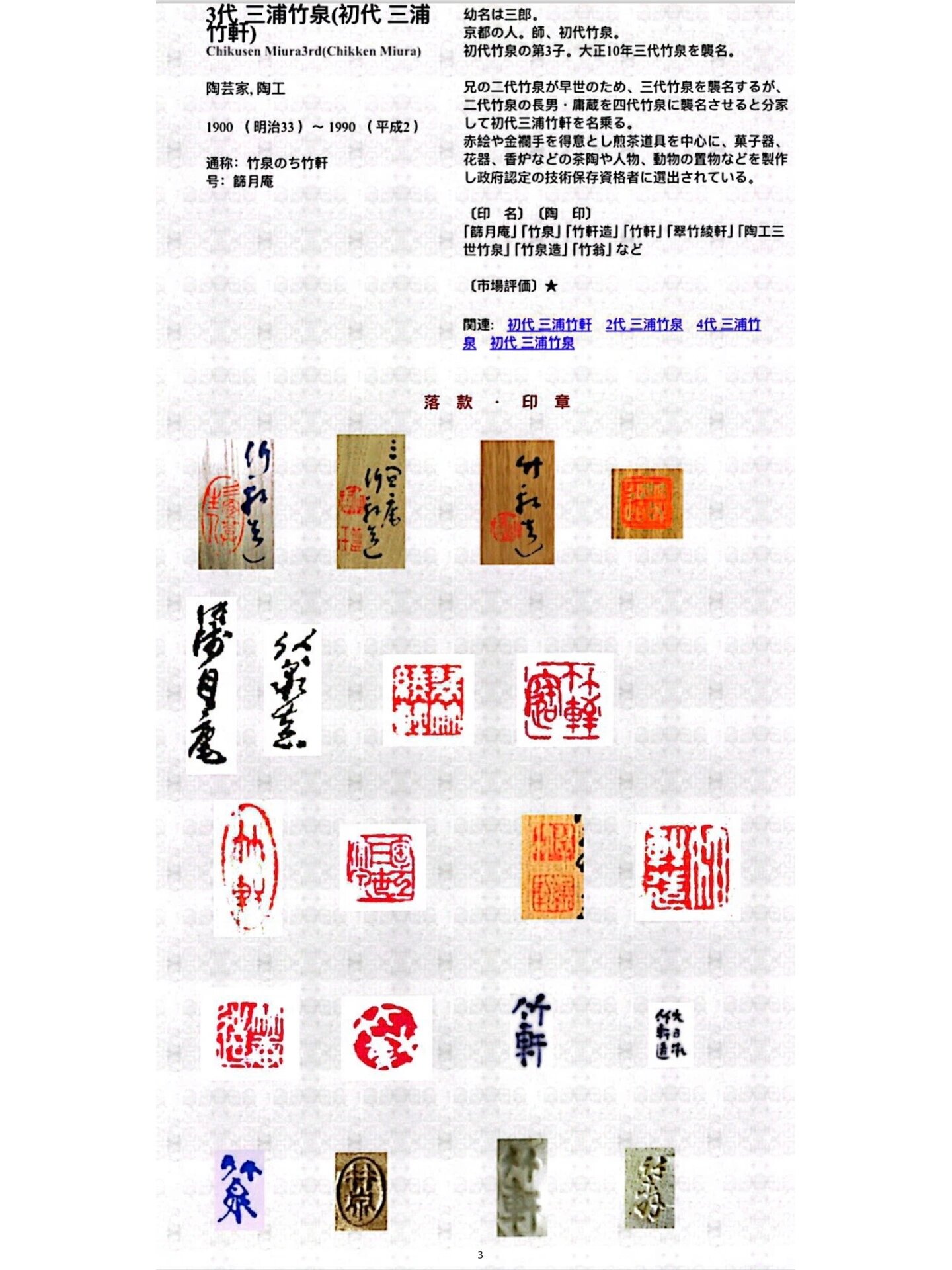 历代三浦竹泉底款合集
