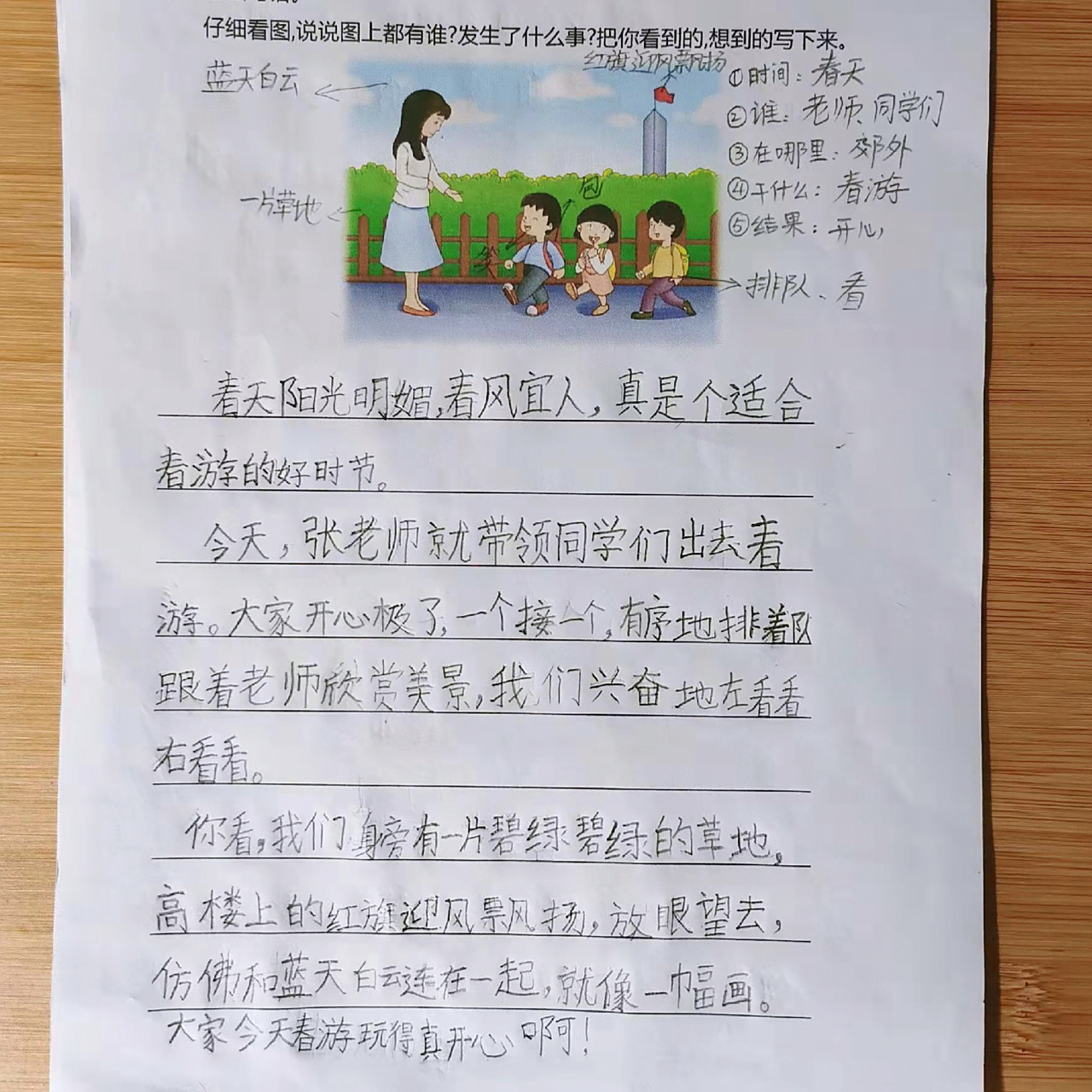 今天写的看图写话|老师带同学们春游郊游 7315看清图画上的人物及