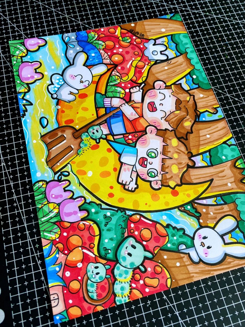 童年趣事主题儿童画|《划月亮船去森林探险》 汤圆老师交作业啦 a5