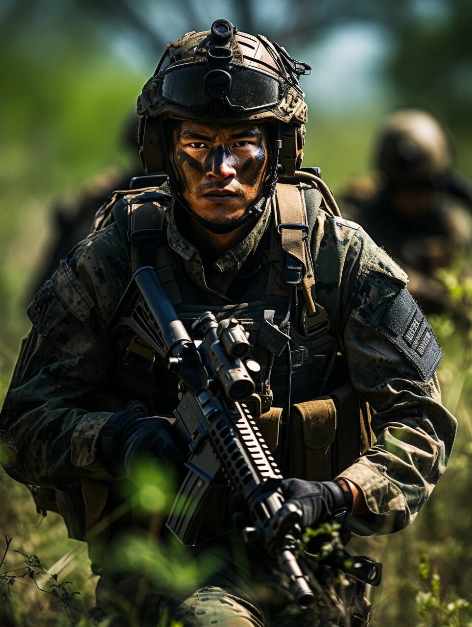 穿着战斗迷彩服,战术装具.头上戴着头盔,脸上戴着面罩,脚上穿着军靴.