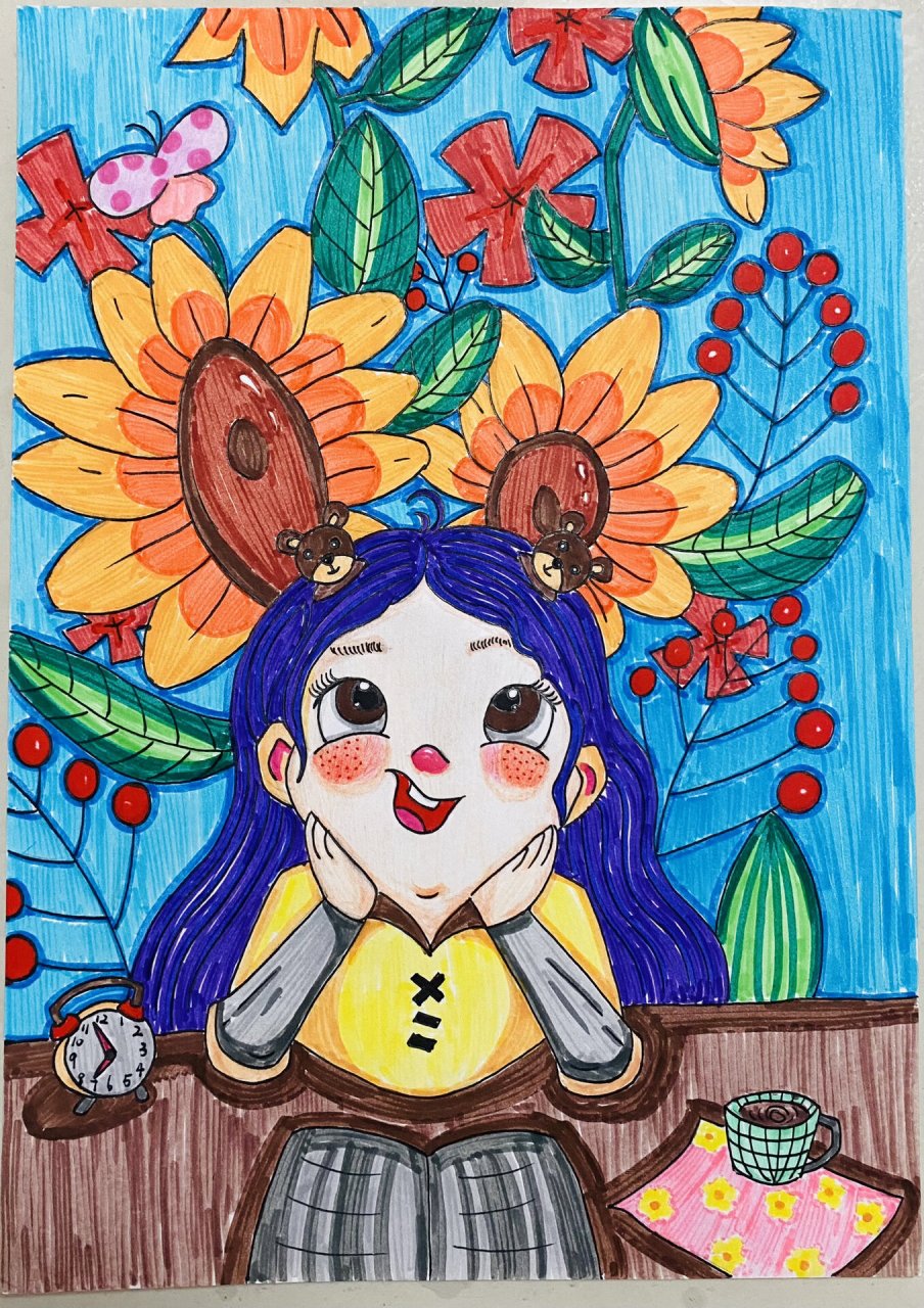 创意儿童画:思考的小女孩 水彩笔画