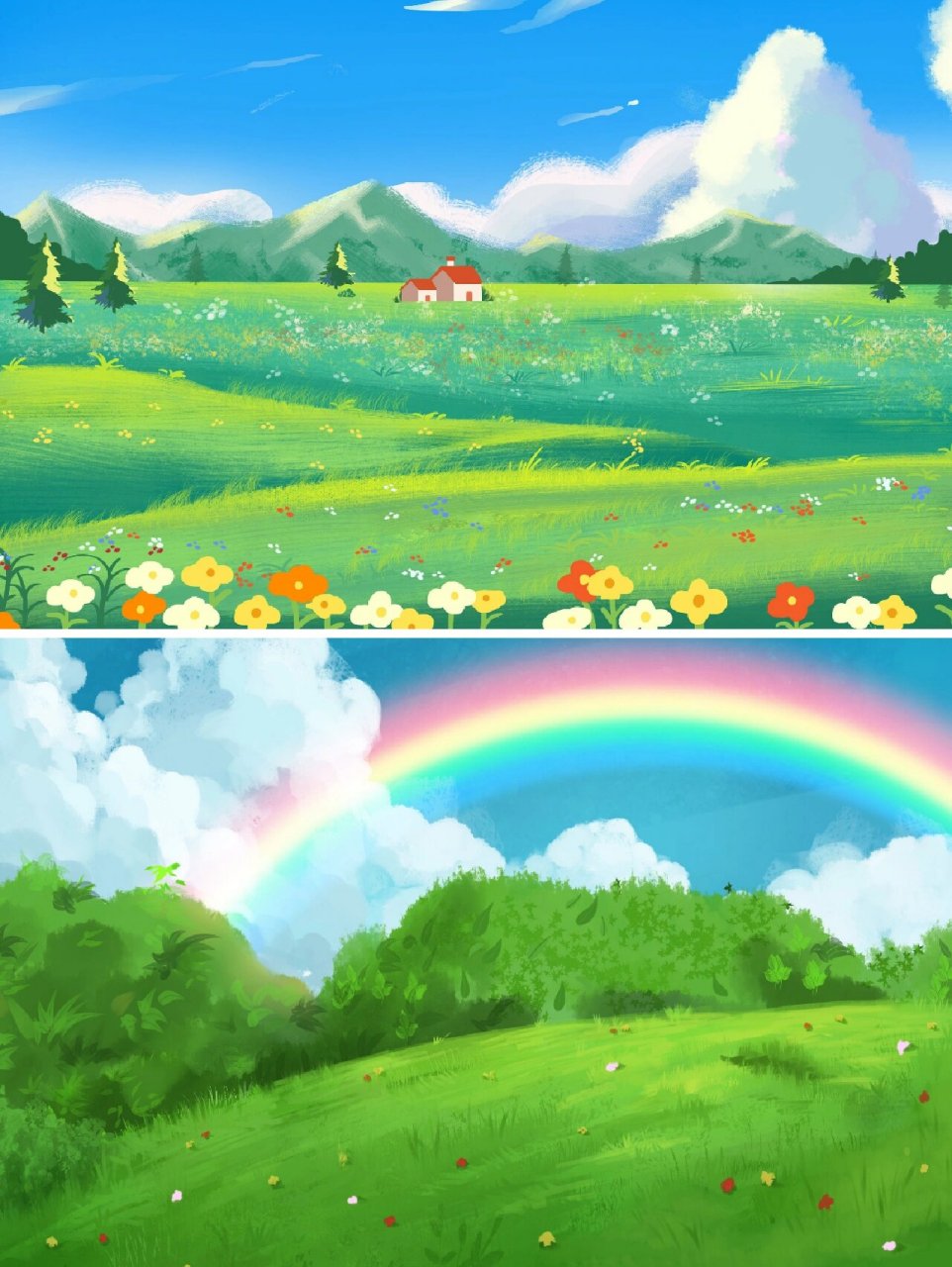 森系春天草地蓝天白云宫崎骏日系场景背景图 94春天绿菌草地蓝天