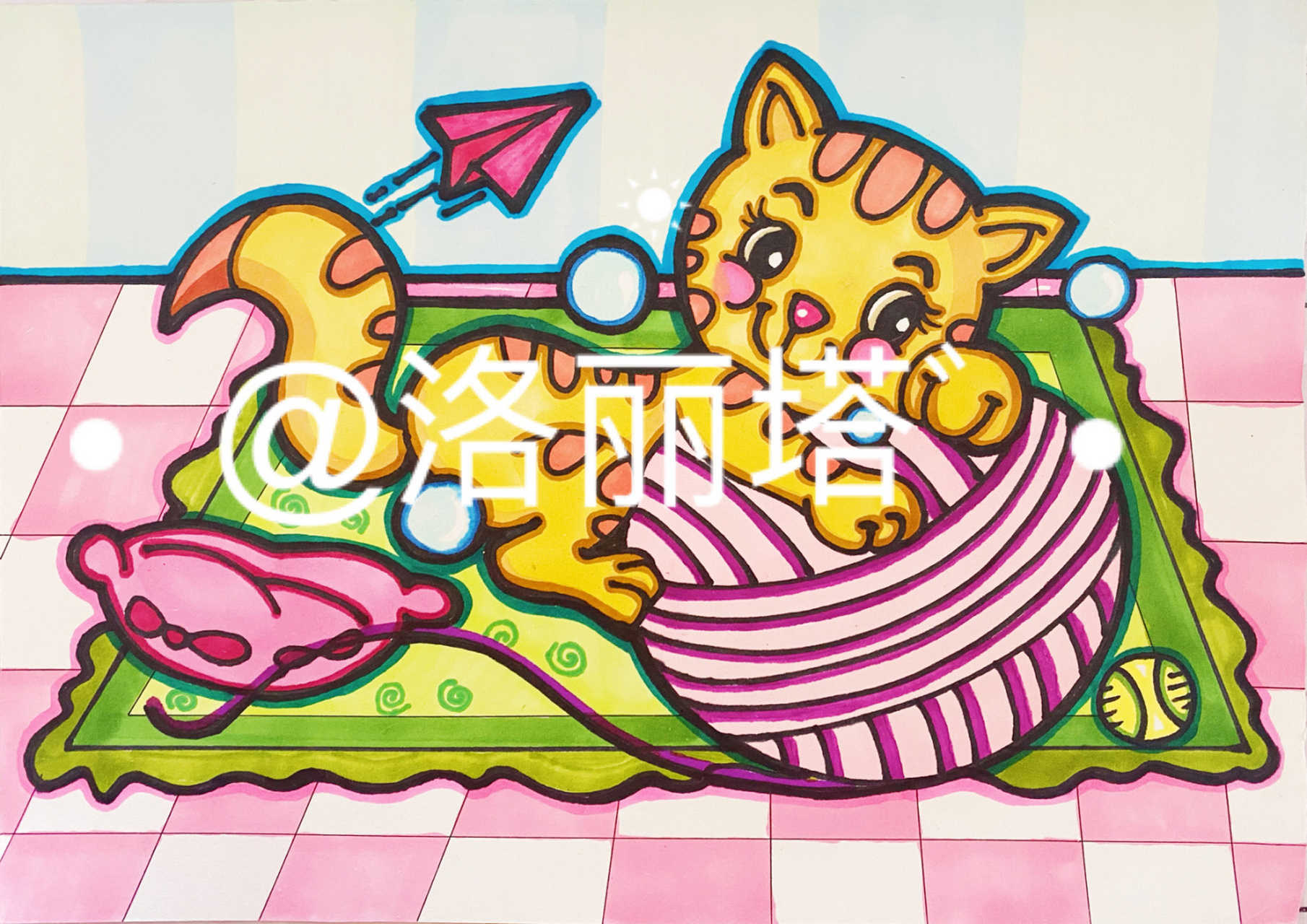 简笔画 创意动物画 原创 小猫咪玩线团