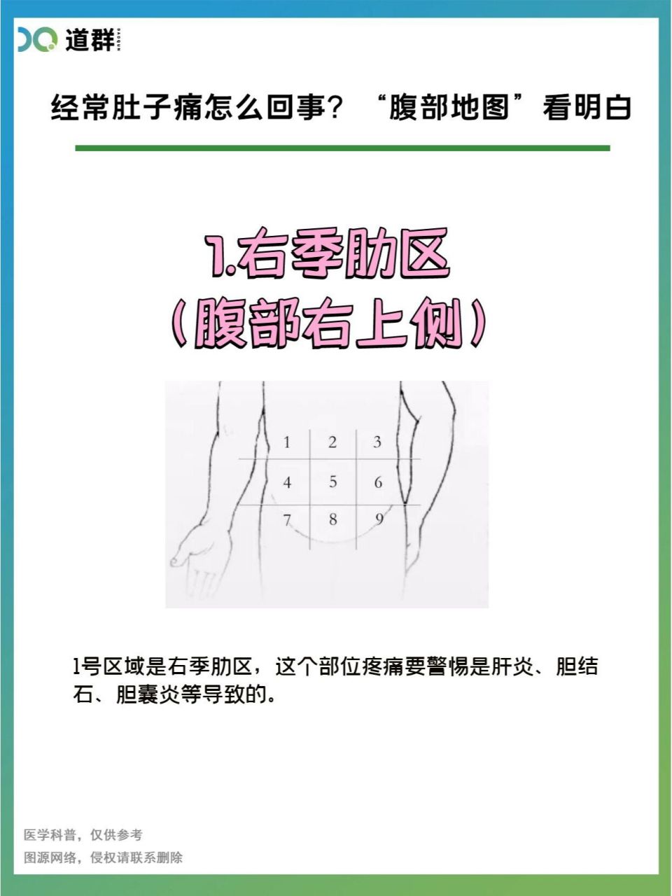 右季肋区(腹部右上侧) 1号区域是右季肋区,这个部位疼痛要警惕是肝炎