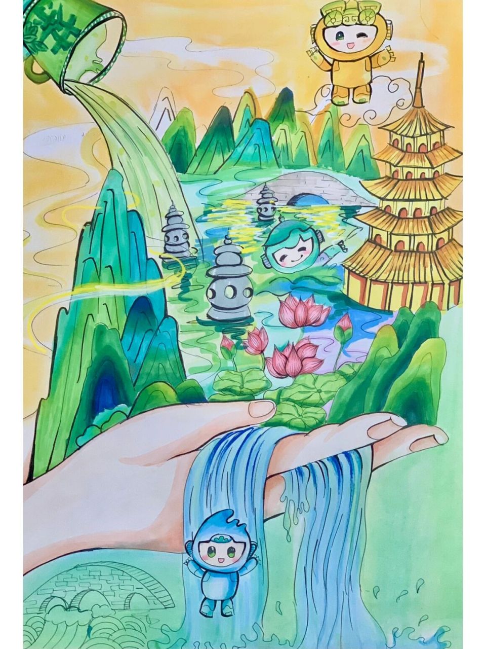 杭州亚运主题绘画 学员参考一幅插画的手,加上手捧一西湖水.