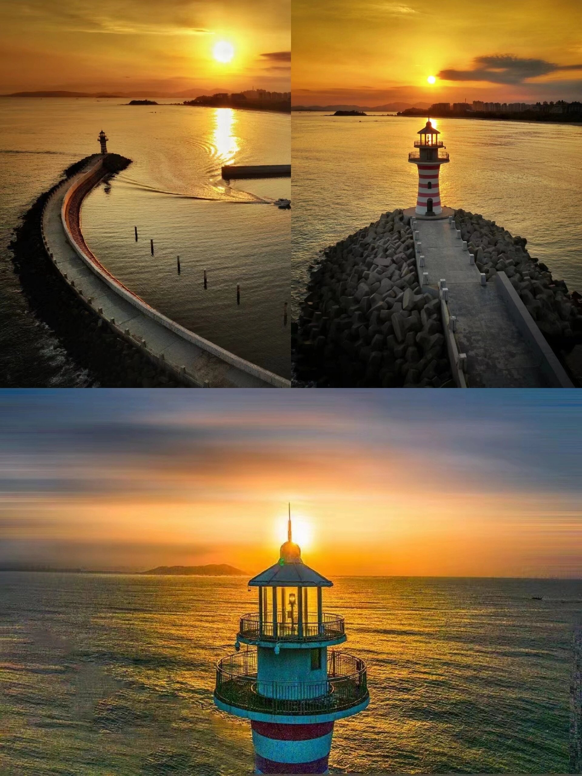 落日余晖下的灯塔 绚烂平静 鎏金色的晚霞浸入大海 层层叠叠弥漫