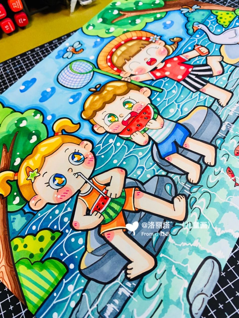 原创幼教考编主题画 四季主题 《清凉一夏》 夏天来了,捉鱼95,吃