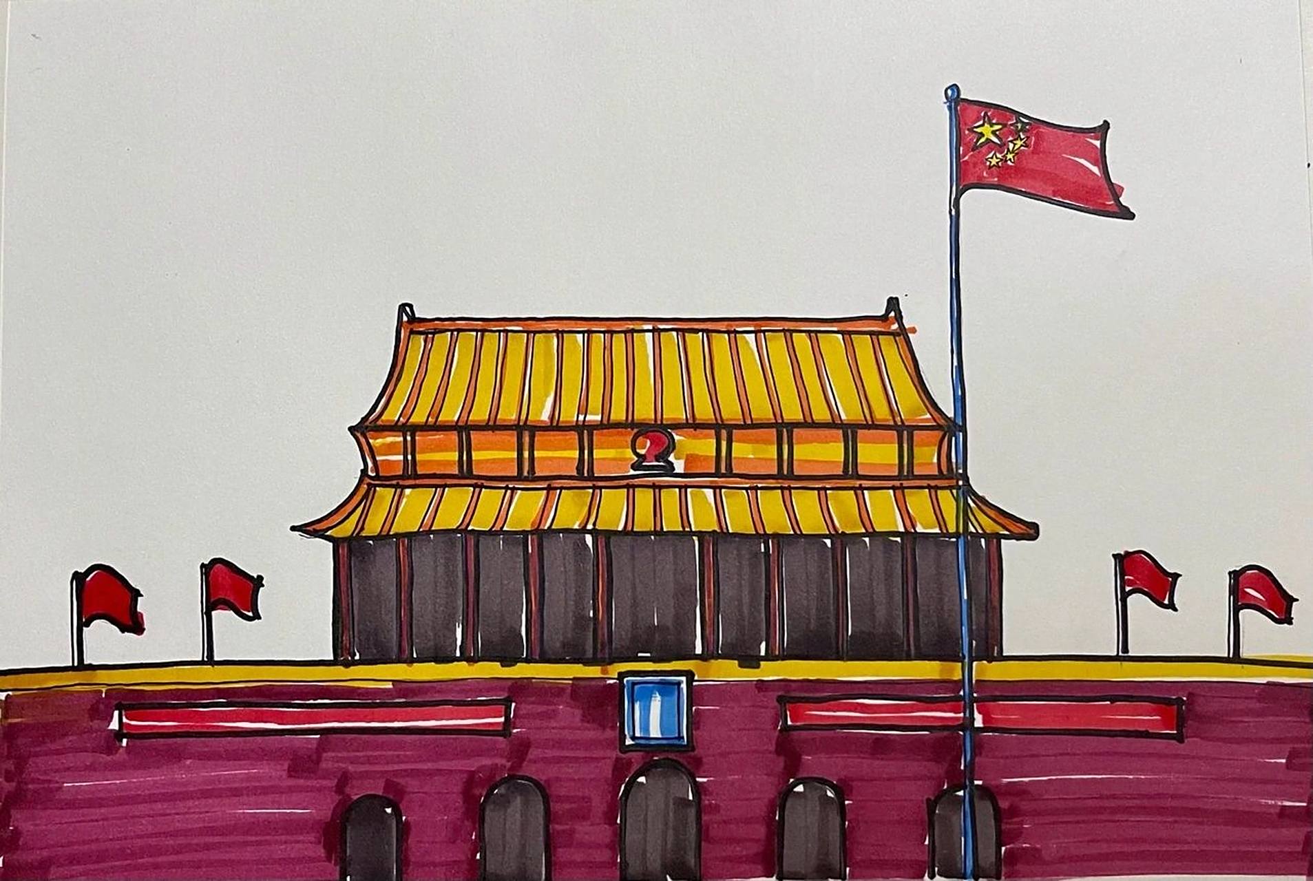 儿童创意画|北京天安门广场 马克笔手绘 儿童创意画|北京天安门广场