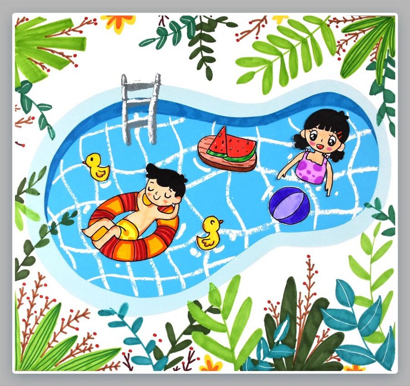 以俯视的角度,结合色块与线条,表现出波光粼粼,环境优美的游泳池.