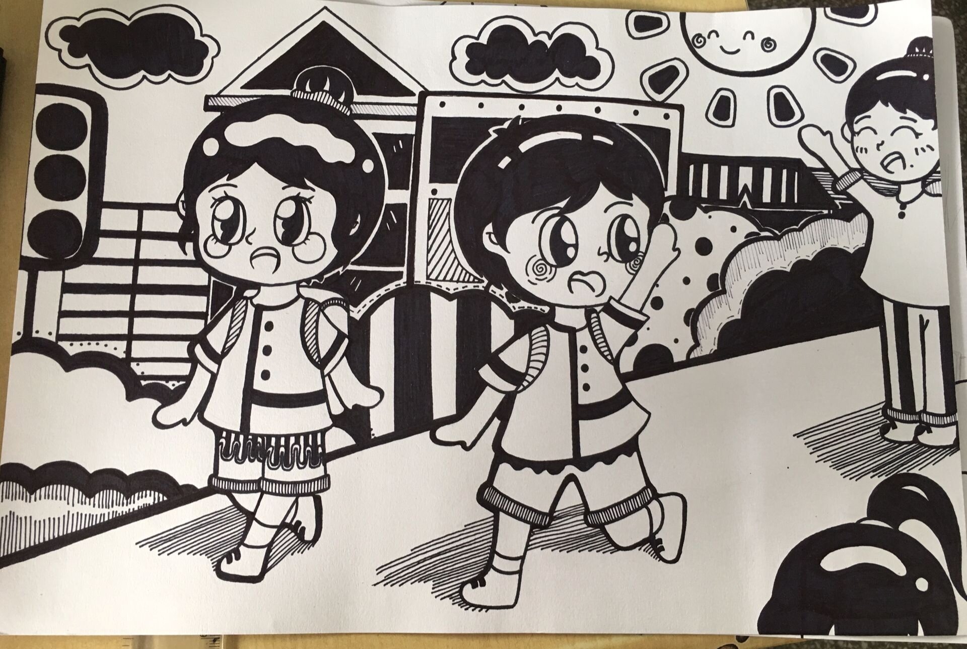 放学路上主题儿童幼儿线描情景画🚸