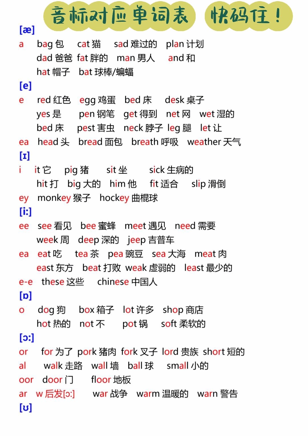 9797疯传!48音标对应单词表