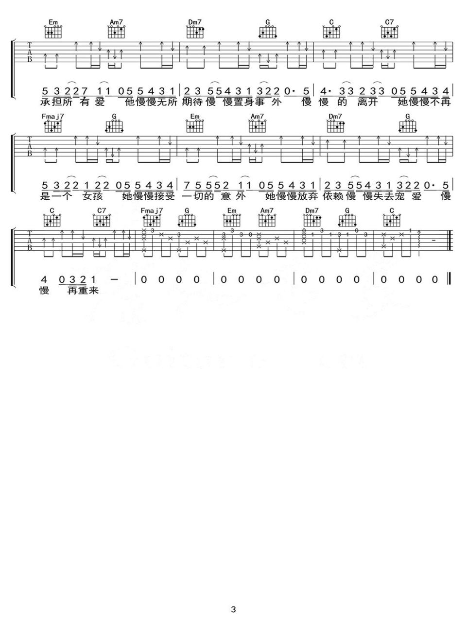 《慢慢》吉他弹唱谱子流行简单零基础教学 他慢慢不再是一个男孩