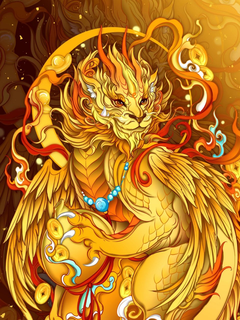 金麒麟,狮头龙爪,有着应龙般的翅膀.尾巴为龙尾.