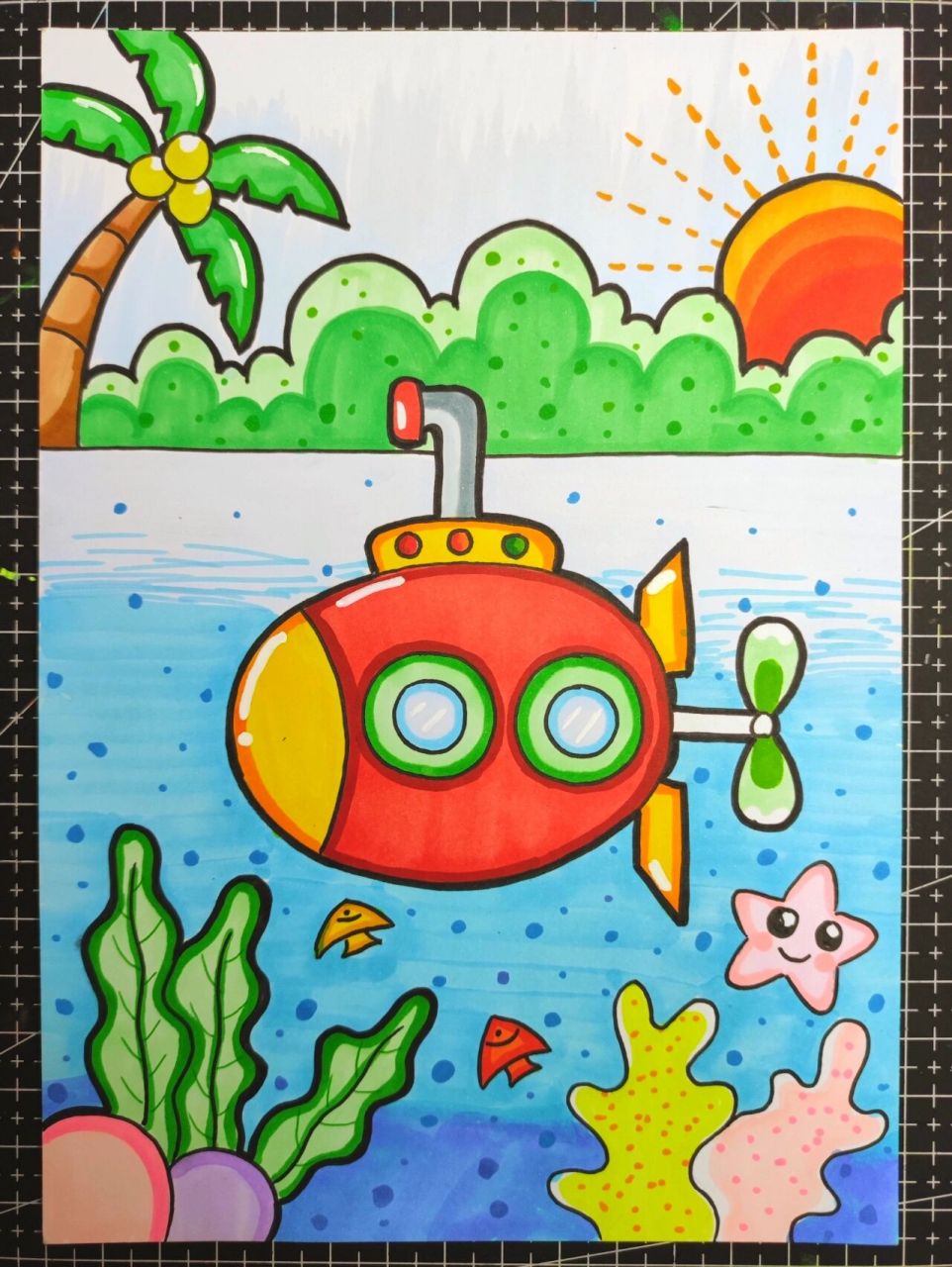 马克笔儿童画《潜水艇》                 99绘画工具 8215纸
