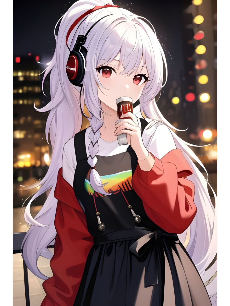 夜晚戴耳机的优雅女孩,动漫二次元绘画人物