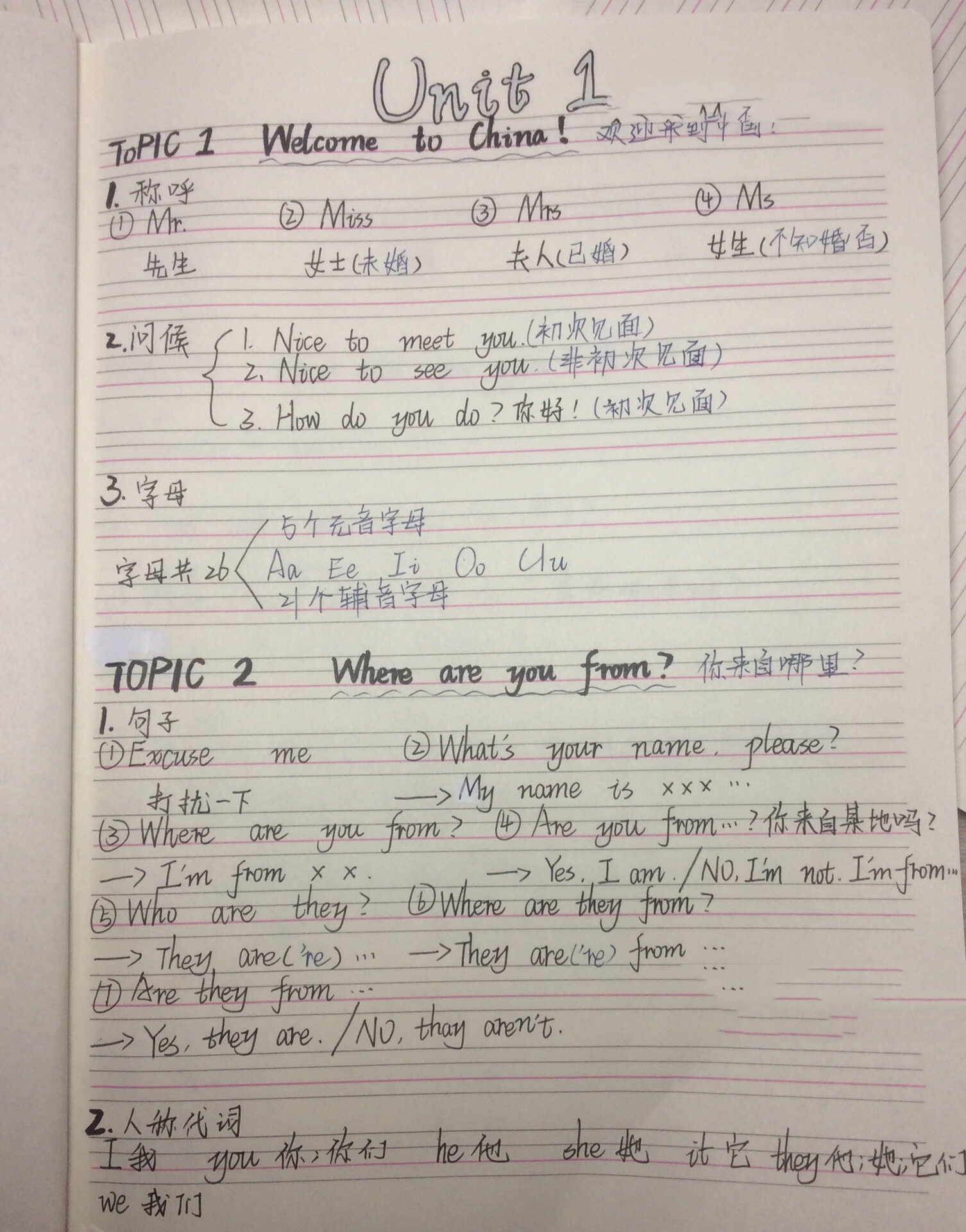 初一上册英语一单元笔记总结