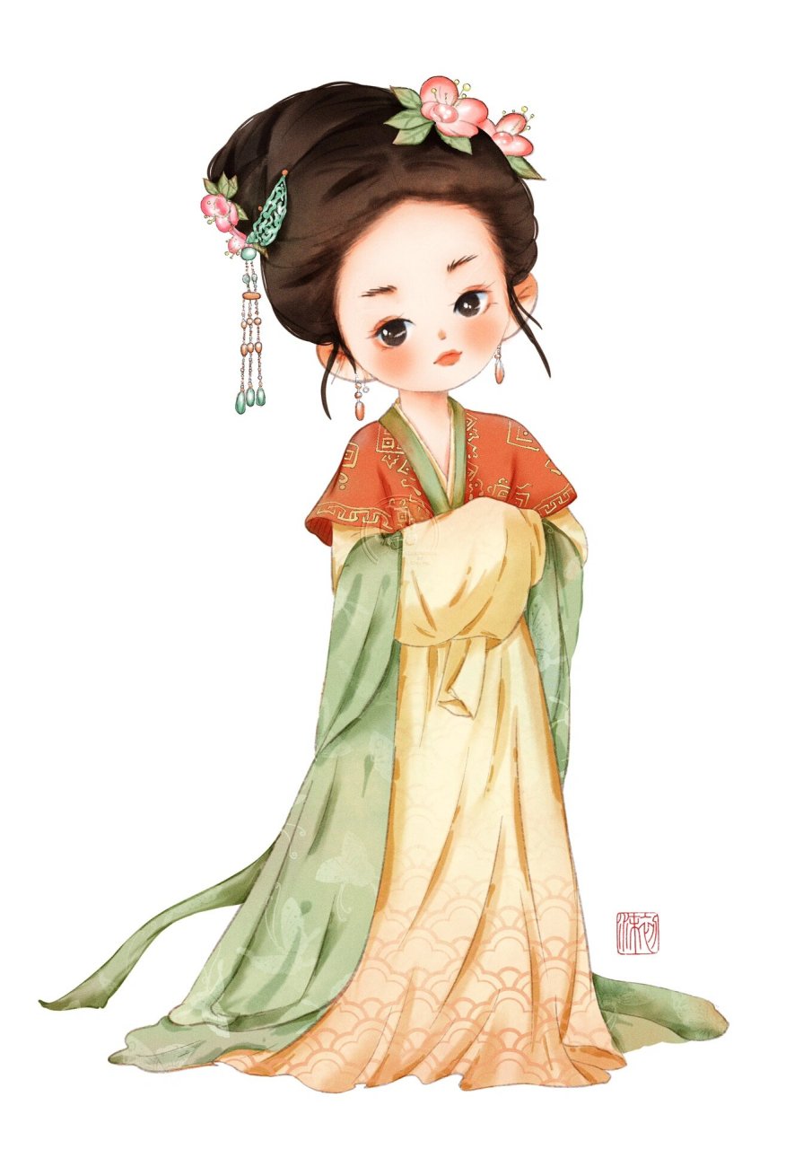 q版古装仕女图 真的很喜欢各式各样的古装 这么好的发簪服饰文化 咋就