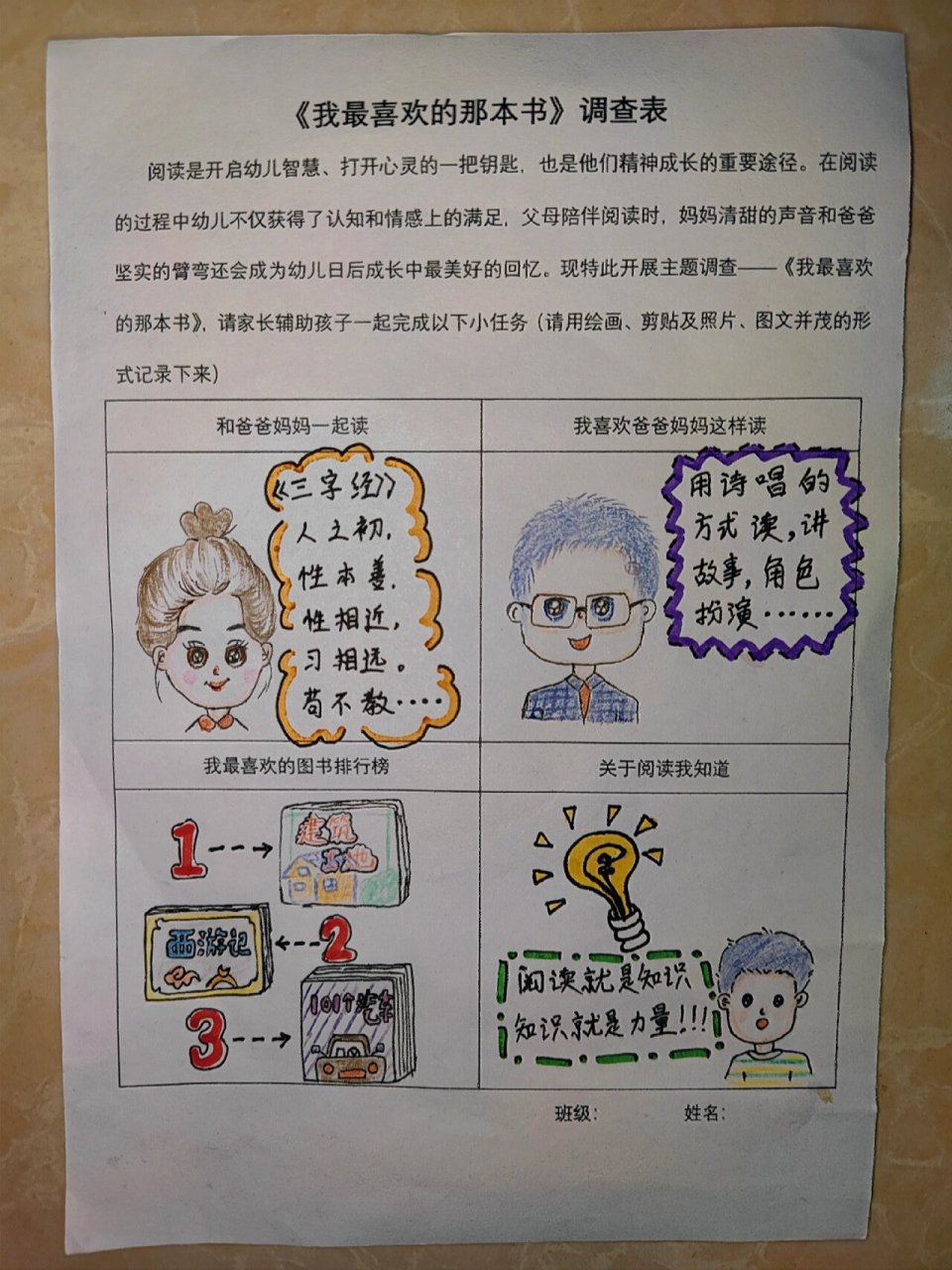 幼儿园小班的《我喜欢的那本书》调查表 没画好,居然上了主题墙!