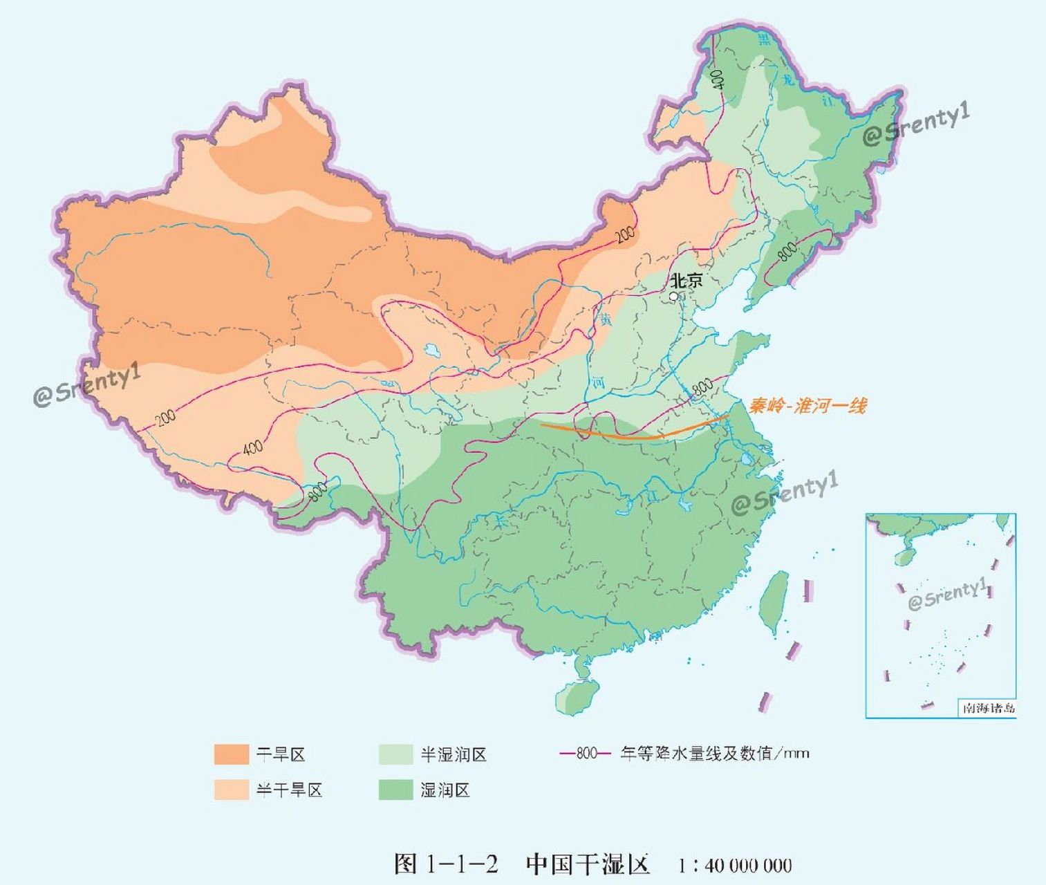 我国干湿区分布 我国的干湿地区分布与我国的年降水量分布密切相关,从