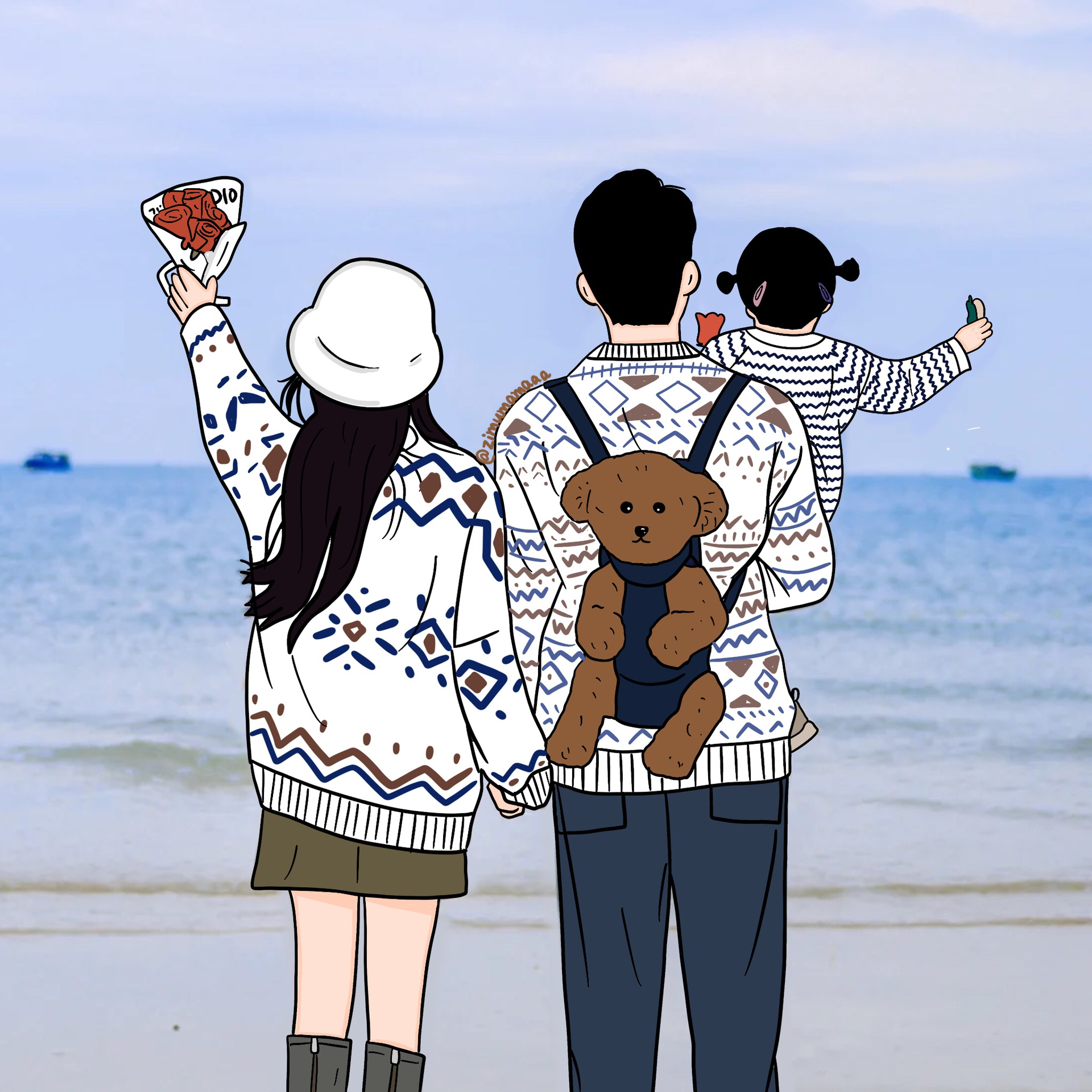 插画头像|全家福背影头像|三口之家