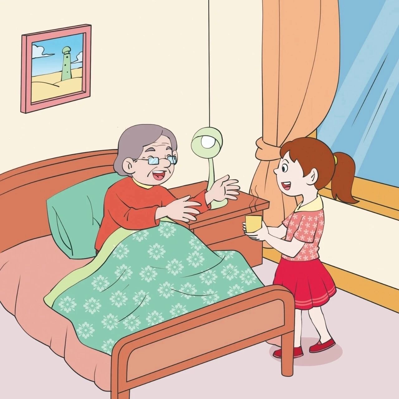 她想:我生病的时候,奶奶一直照顾我,现在奶奶生病了,我也应该照顾奶奶