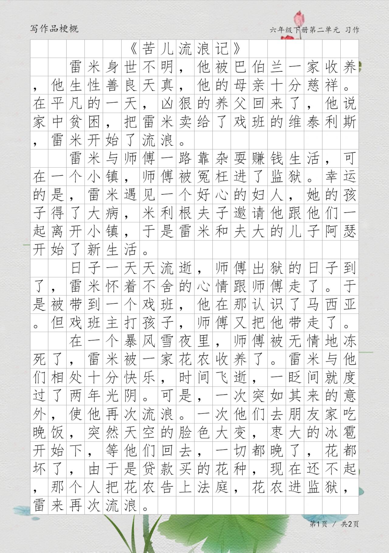 《苦儿流浪记》,六年级下册写作品梗概