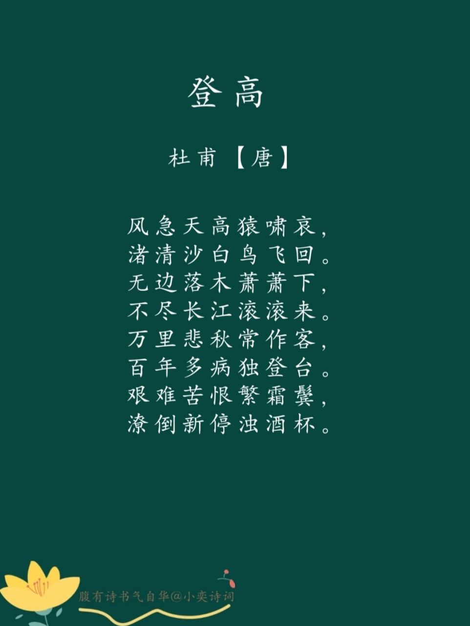 每日一诗词 | 98《登高》杜甫 《登高》杜甫·唐 92译文: 风急天