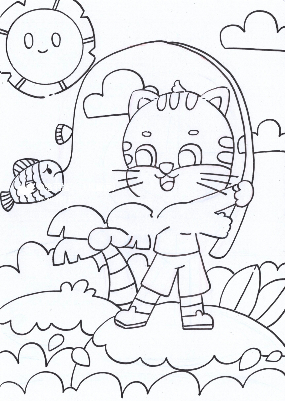 12色水彩笔画的《小猫钓鱼》含线稿 -汤圆  作品二改自汤圆老师的小