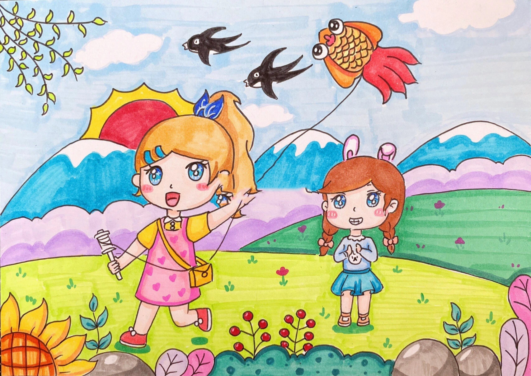 放风筝的小女孩儿童创意画 人物场景画 春天