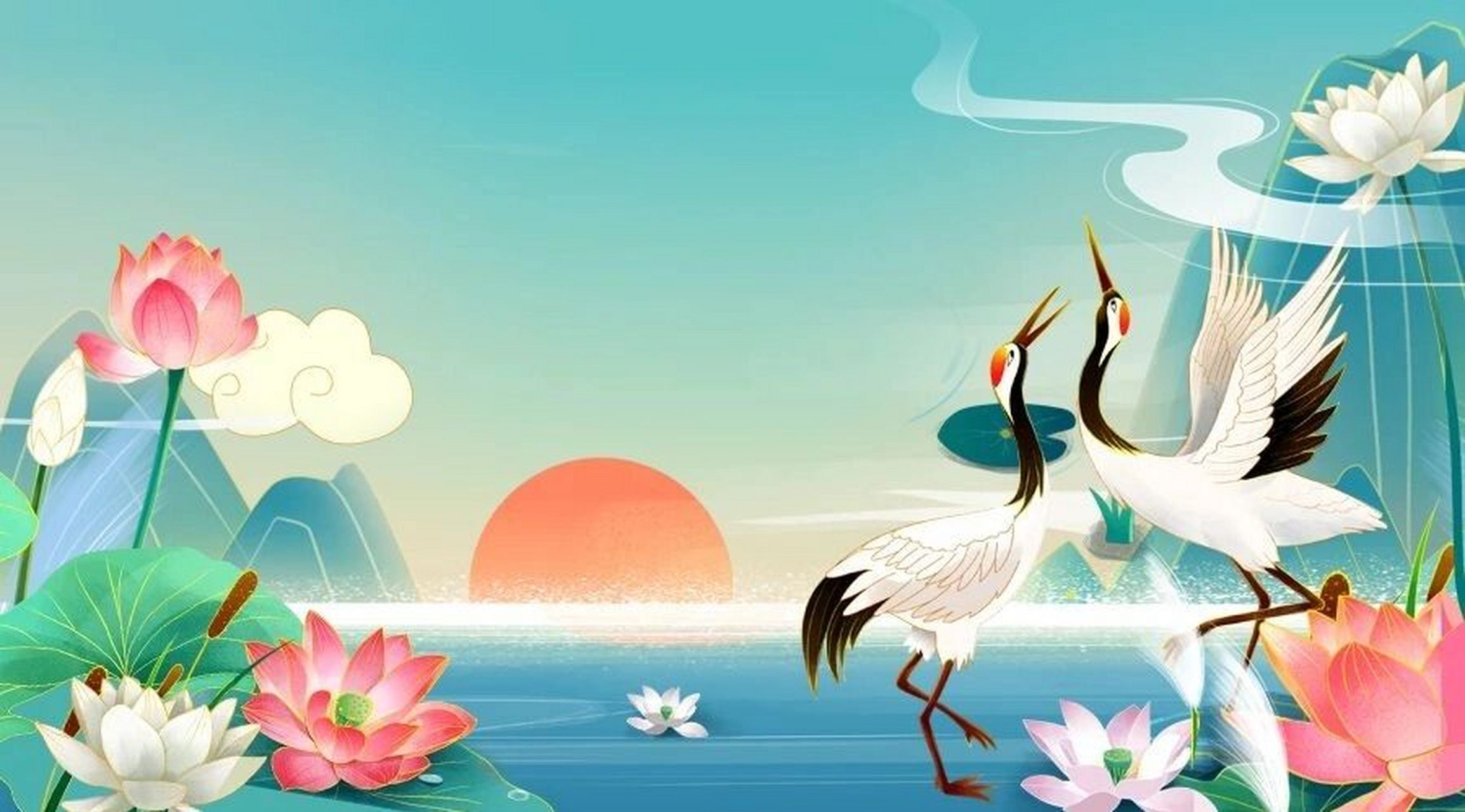 夏日国潮插画荷花横屏展板背景图|荷花壁纸 93哈喽,各位宝子晚上好