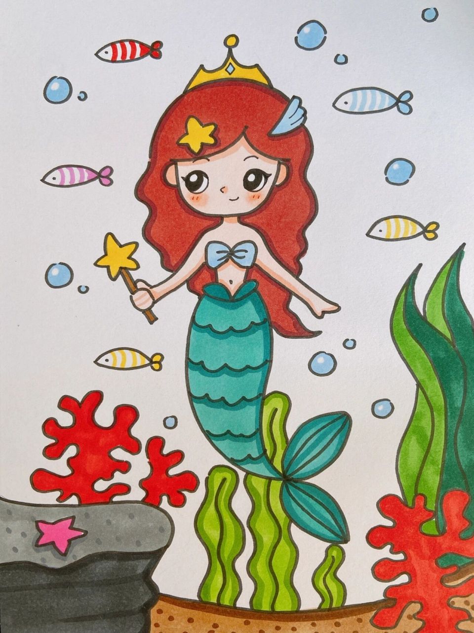 小美人鱼儿童画海底世界简笔画小鱼珊瑚海洋
