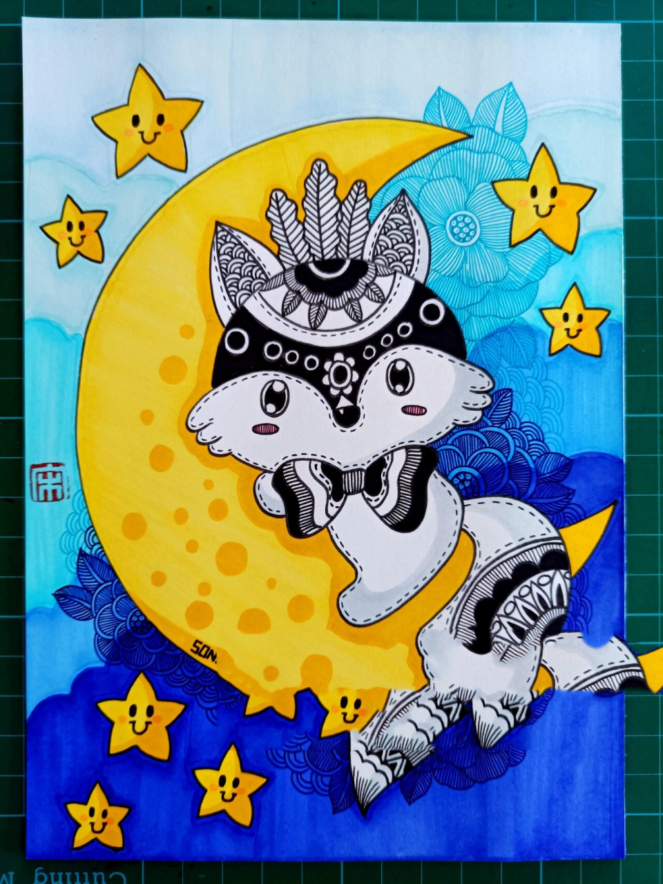 创意线描画《月亮上的小狐狸》 马克笔画儿童画-218 月亮上的小狐狸