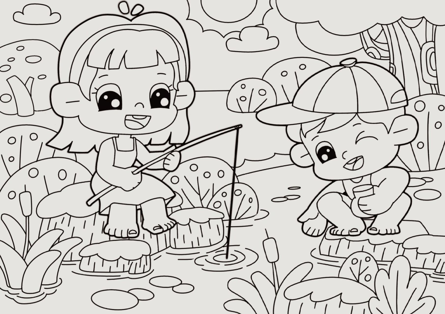 儿童主题画《池塘边》