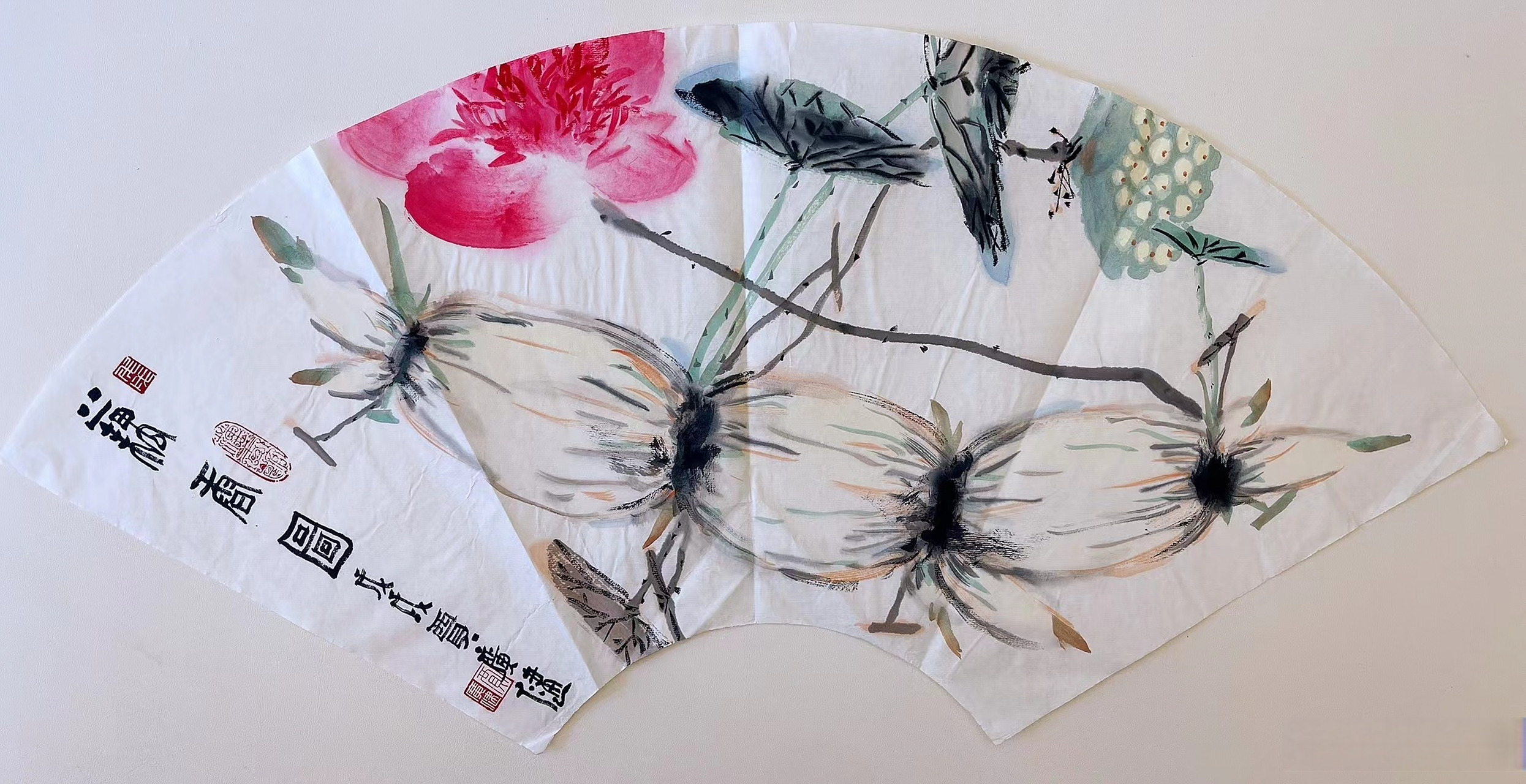 天津美院贾广健先生藕香图扇面软片(69*33附带合影及证书)#遇见艺术