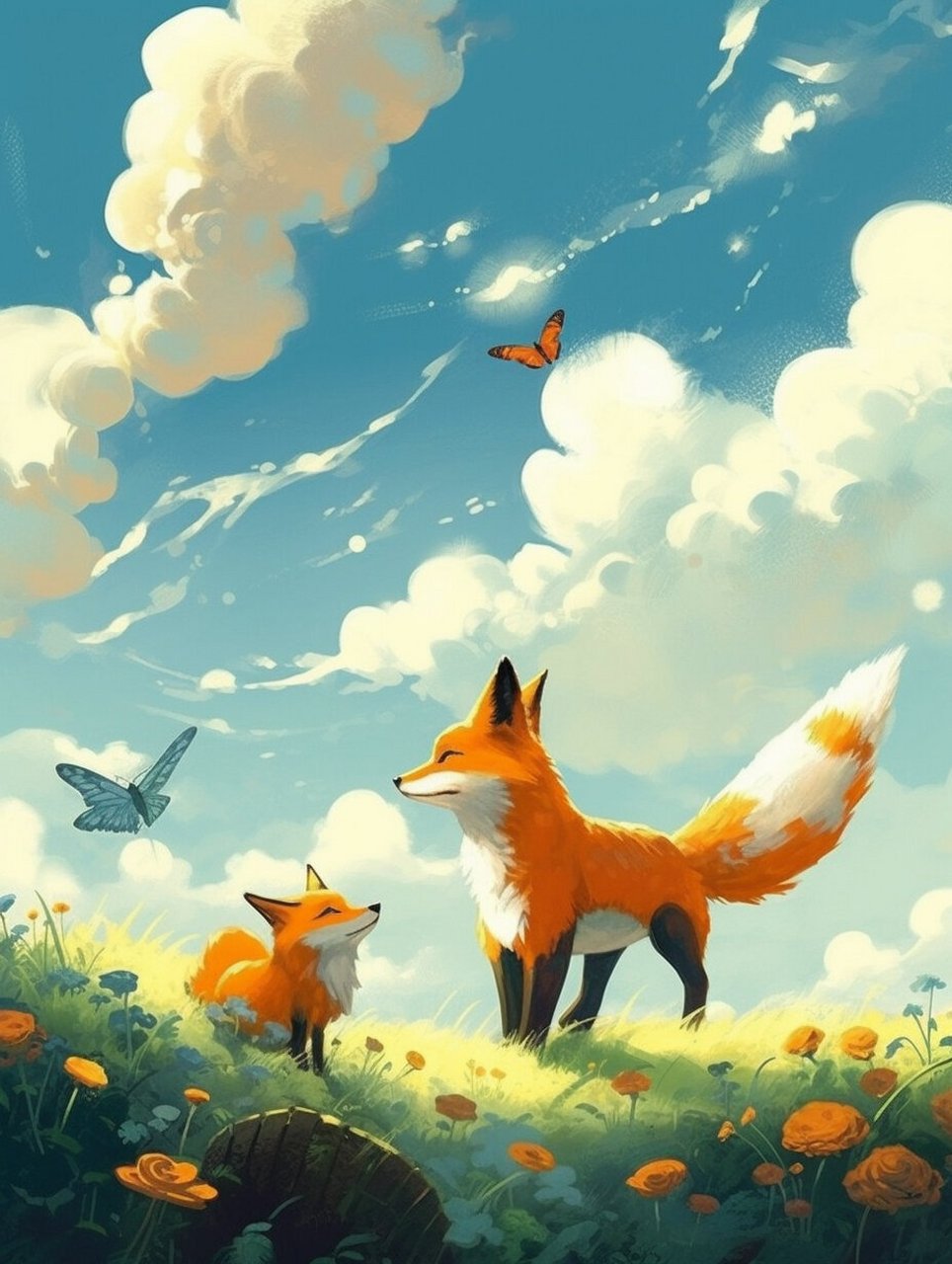 可爱的狐狸 宫崎骏风格的两只狐狸. 	  图片均由midjourney生成.