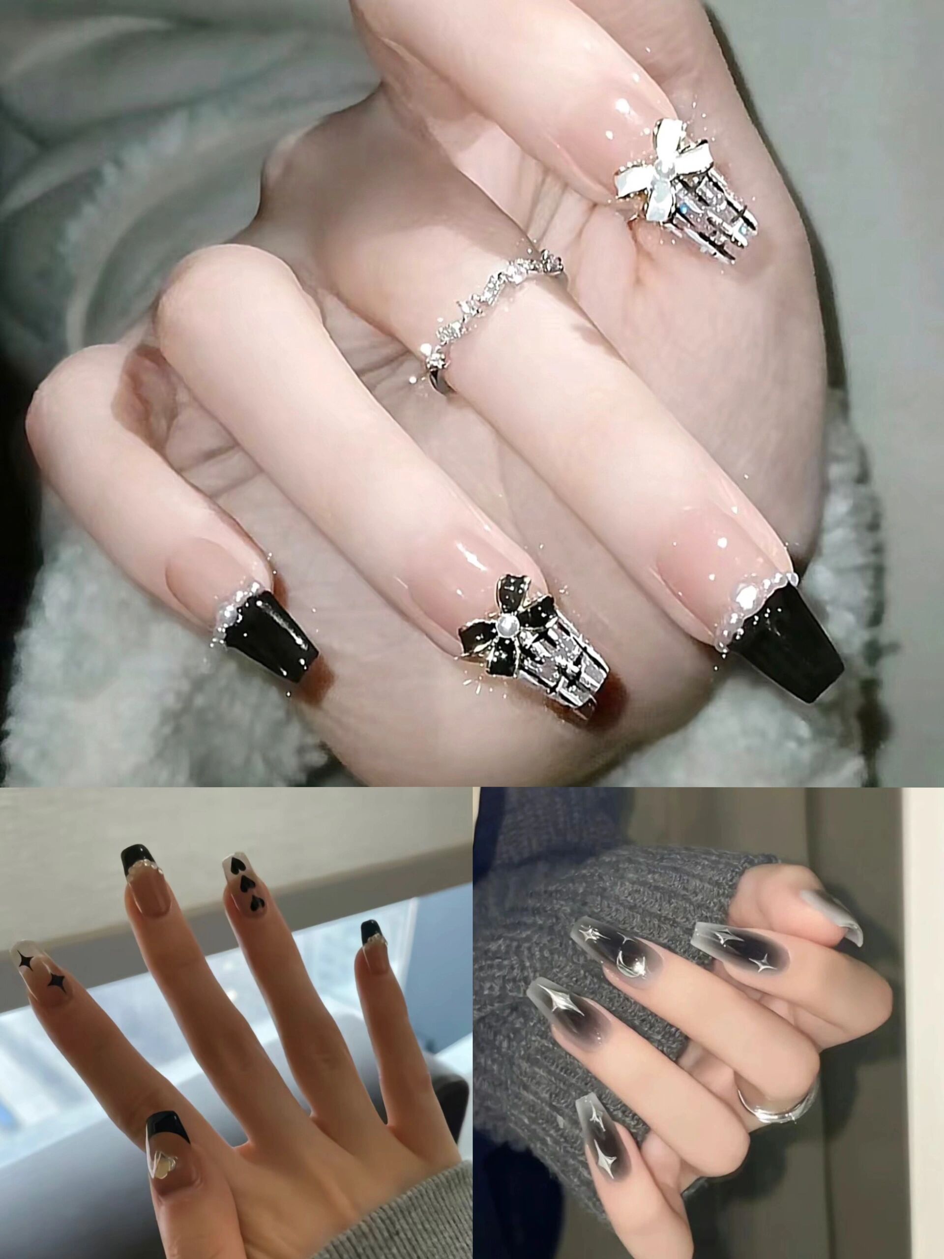 黑色中长款美甲97爆闪显白美甲94