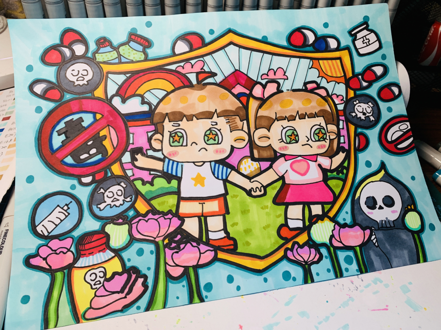 禁毒简笔画 老师说要小朋友完成,我这个厚脸皮的小朋友完成了