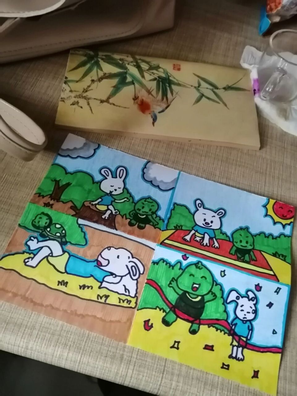 龟兔赛跑四宫格儿童画 无字版龟兔赛跑四宫格 学前教育绘画课程 是