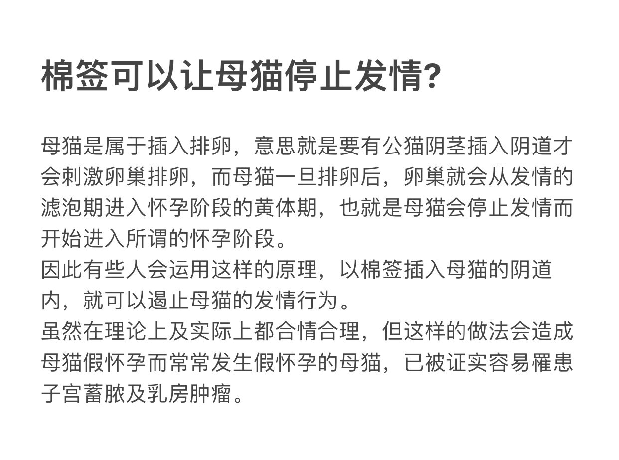 棉签可以让母猫停止发情?