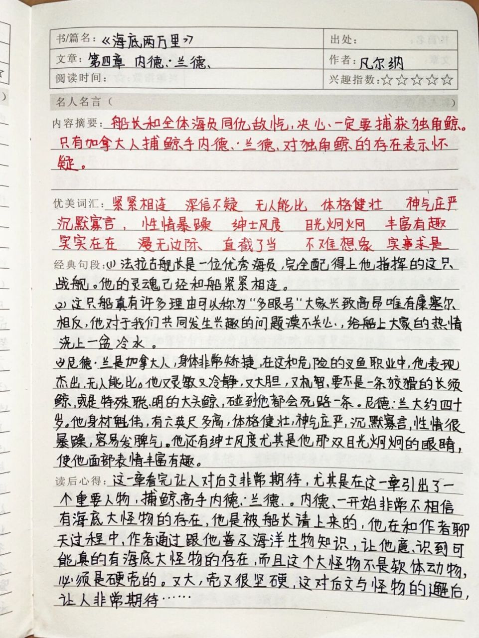 《海底两万里》读书笔记全套:第四章 第四章:内德·兰德 读书笔记及