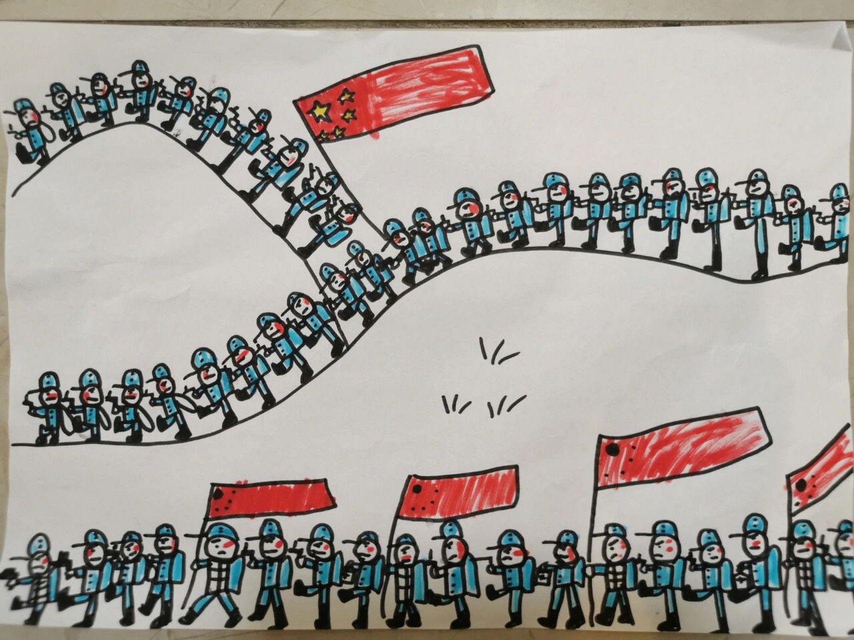 五岁多男孩子画的红军长征图 有这方面打仗主题的画家,请收我儿为徒吧