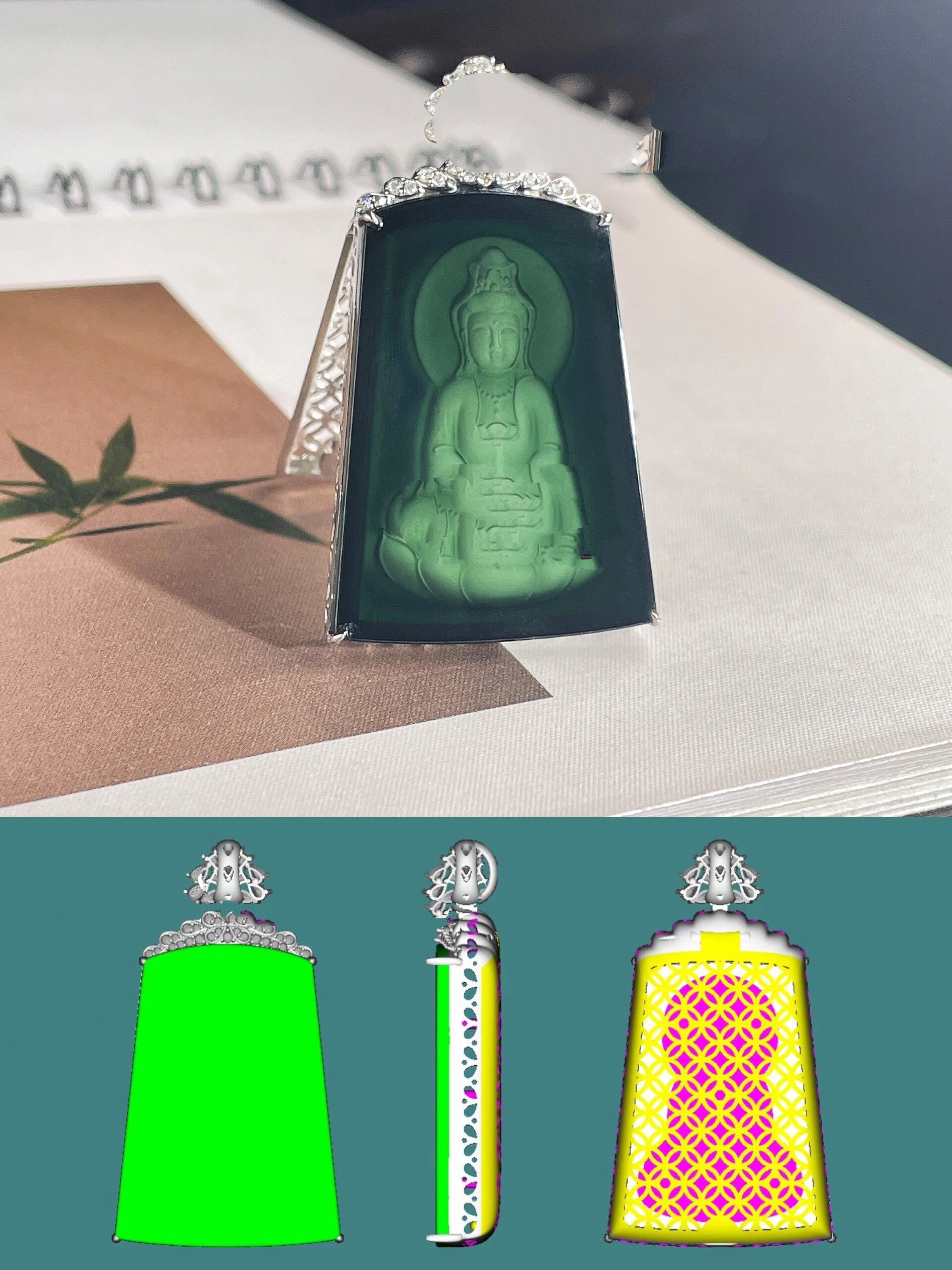 翡翠双层盖镶嵌|阴雕翡翠观音