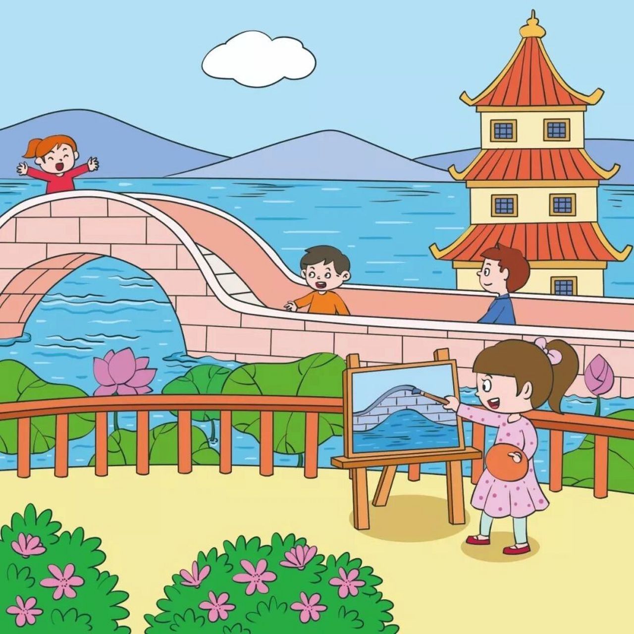 看图写话 公园画画 周末的一天,阳光露出甜美的笑脸.