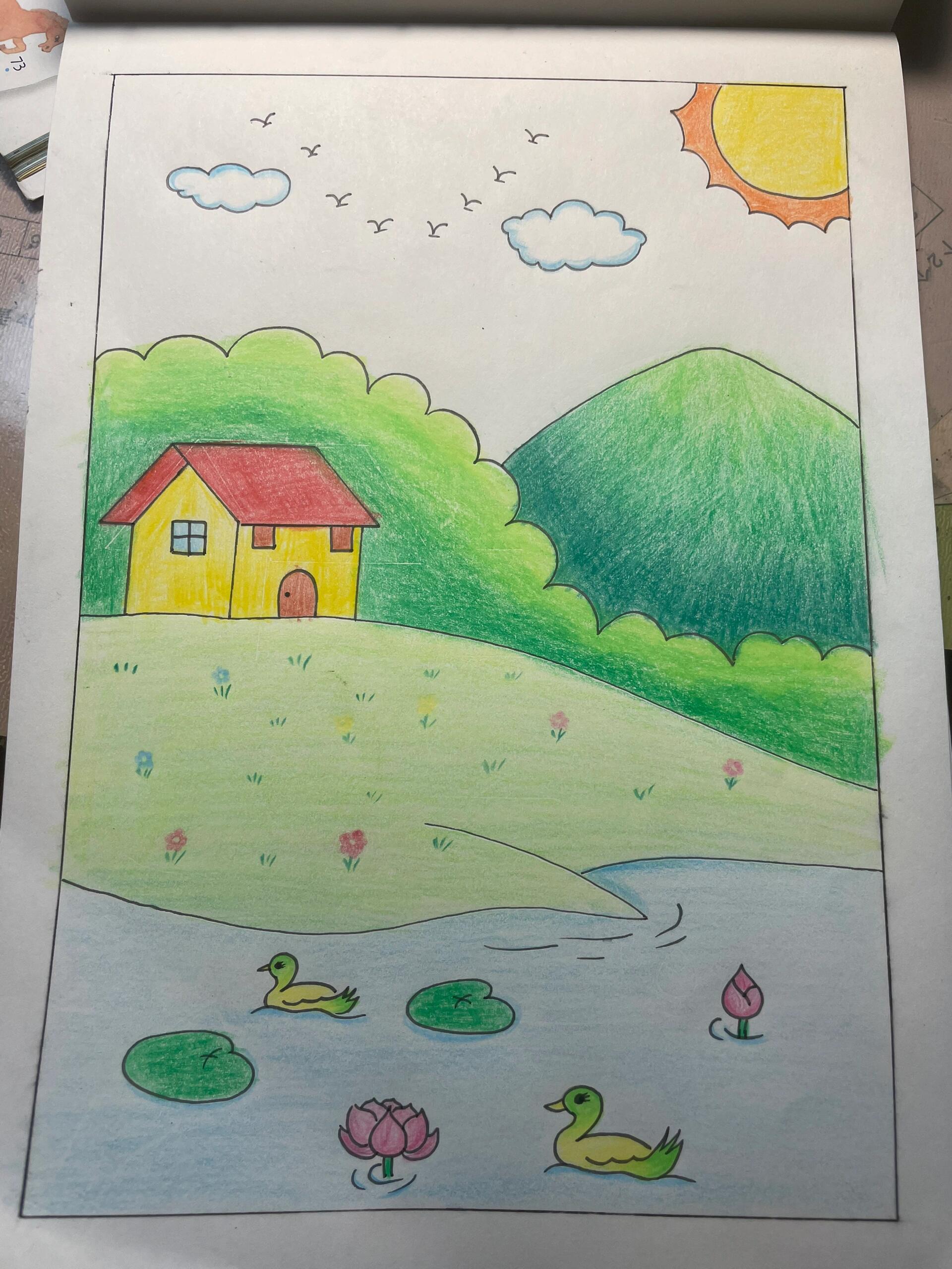 乡间美景简笔画田野风光彩铅画