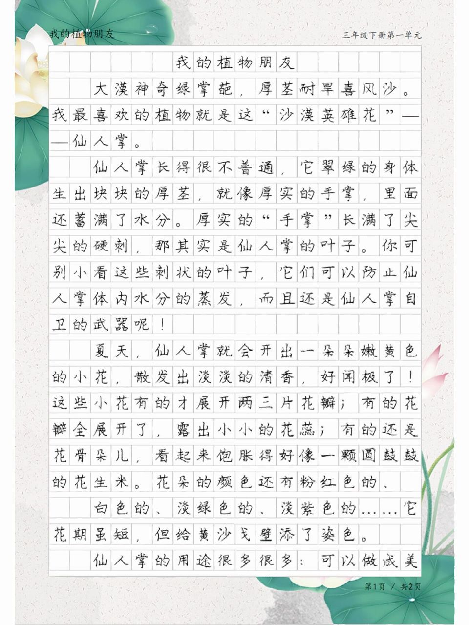 我的植物朋友——仙人掌,三年级优秀作文