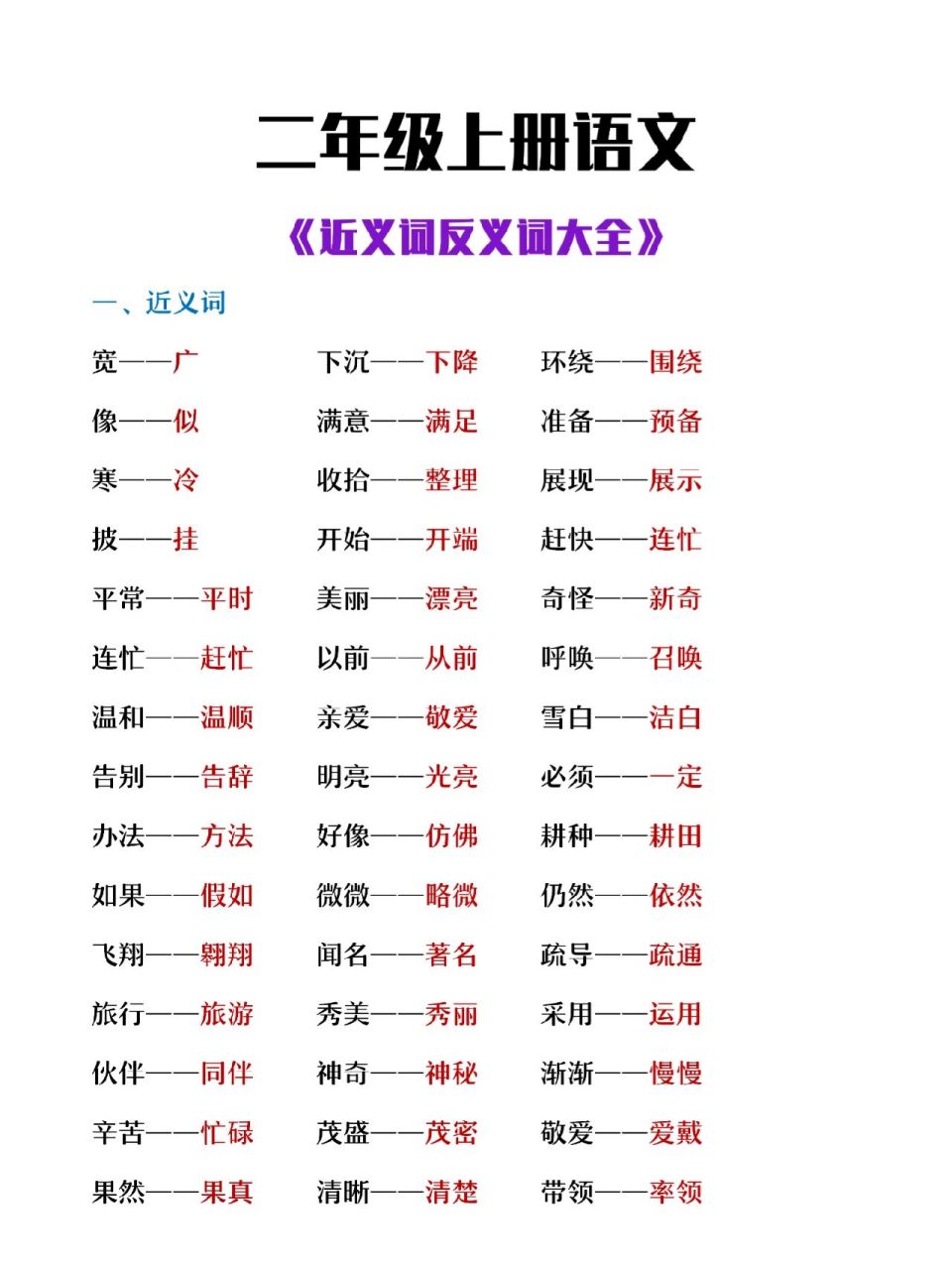 二年级上册语文《近义词反义词大全》 二年级上册语文《近义词反义词